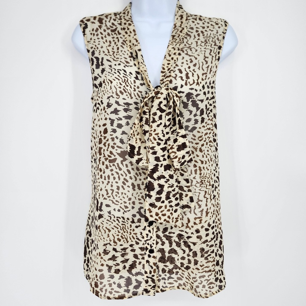 Mark Womens Tan Leopard Print Pussybow Tie Top Size M Victorian Chic Mobwife